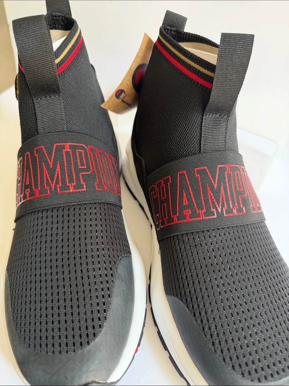 Champion Black Slip-On Knit Sneakers with Red and Gold Trim NWT 10.5
